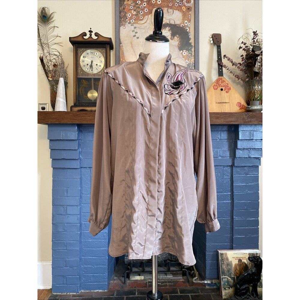 Vintage Suzelle Sz 10 Gray Button Blouse Embroidered Paisley Sequin M 80s 90s